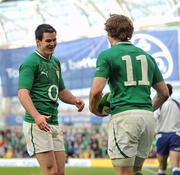 25 February 2012; Jonathan Sexton, left, Ireland, congratulates Andrew Trimble after scoring his side's fifth try. RBS Six Nations Rugby Championship, Ireland v Italy, Aviva Stadium, Lansdowne Road, Dublin. Picture credit: David Maher / SPORTSFILE