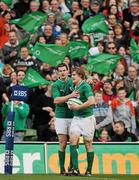 25 February 2012; Ireland's Andrew Trimble is congratulated by team-mate Jonathan Sexton after scoring his side's fifth try. RBS Six Nations Rugby Championship, Ireland v Italy, Aviva Stadium, Lansdowne Road, Dublin. Picture credit: Brendan Moran / SPORTSFILE