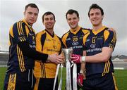 25 February 2012; Donegal representatives on the DCU team, from left, Martin McElhinney, Michael Boyle, Michael Murphy and Antoin McFadden with the Sigerson Cup following their victory. Irish Daily Mail Sigerson Cup Final, National University of Ireland Maynooth v Dublin City University, Pearse Stadium, Salthill, Galway. Picture credit: Stephen McCarthy / SPORTSFILE