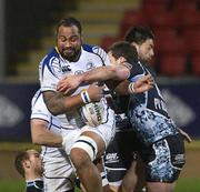 25 February 2012; Leo Auva'a, Leinster, is tackled by Alex Dunbar, Glasgow Warriors. Celtic League, Glasgow Warriors v Leinster, Firhill Arena, Glasgow, Scotland. Picture credit: Craig Watson / SPORTSFILE