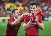 1 July 2017; Jonathan Sexton is congratulated by his British & Irish Lions team-mate Liam Williams following the Second Test match between New Zealand All Blacks and the British & Irish Lions at Westpac Stadium in Wellington, New Zealand. Photo by Stephen McCarthy/Sportsfile