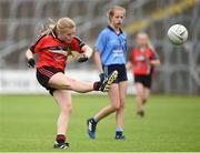 25 June 2017; Grainne Cahill of Killygarry, Co. Cavan in action against Westport, Co. Mayo during the Girls Division 1 Shield Final at the John West Peile na nÓg national competition which took place this weekend across Cavan, Fermanagh and Monaghan. This is the second year that the Féile na nGael and Féile Peile na nÓg have been sponsored by John West, one of the world’s leading suppliers of fish. The competition gives up-and-coming GAA superstars the chance to participate and play in their respective Féile tournament, at a level which suits their age, skills and strengths. Photo by Matt Browne/Sportsfile