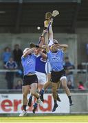 1 July 2017; Eamon Dillon, right, and Liam Rushe of Dublin compete a high ball against Cahir Healy and Eric Killeen of Laois during the GAA Hurling All-Ireland Senior Championship Round 1 match between Dublin and Laois at Parnell Park in Dublin. Photo by David Fitzgerald/Sportsfile