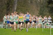 26 February 2012; Kevin Dooney, Raheny Shamrocks AC, 623, leads the field on his way to winning the Junior Men's race during the Woodie’s DIY AAI Inter Club Cross Country Championships of Ireland 2012. Santry Demesne, Santry, Dublin. Picture credit: Pat Murphy / SPORTSFILE