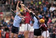 26 February 2012; Declan O'Dwyer, left, and David Treacy, Dublin, in action against Niall Donoghue, left, and Ger O'Halloran, Galway. Allianz Hurling League, Division 1A, Round 1, Galway v Dublin, Pearse Stadium, Salthill, Galway. Picture credit: Stephen McCarthy / SPORTSFILE