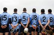 26 February 2012; Dublin players stand for their team photograph ahead of the game. The players' jerseys carried messages supporting the Suicide or Survive charity. Allianz Hurling League, Division 1A, Round 1, Galway v Dublin, Pearse Stadium, Salthill, Galway. Picture credit: Stephen McCarthy / SPORTSFILE