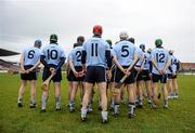 26 February 2012; Dublin players stand for the National Anthem ahead of the game. The players jerseys' carried messages supporting the Suicide or Survive charity. Allianz Hurling League, Division 1A, Round 1, Galway v Dublin, Pearse Stadium, Salthill, Galway. Picture credit: Stephen McCarthy / SPORTSFILE