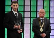 26 February 2012; In attendance at the Three FAI International Football Awards is U16 International player of the year winner Kyle McFadden, left, Norwich City, from Ramelton, Co. Donegal, with Paddy McCaul, President of the FAI. Three FAI International Football Awards, RTÉ Studios, Donnybrook, Dublin. Picture credit: David Maher / SPORTSFILE