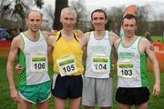 26 February 2012; Craughwell AC athletes, from left, Peter O'Sullivan, Martin Corcoran, Mark Davis and Paul Keane during the Woodie’s DIY AAI Inter Club Cross Country Championships of Ireland 2012. Santry Demesne, Santry, Dublin. Picture credit: Pat Murphy / SPORTSFILE