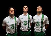 27 February 2012; Three, proud sponsors of the Republic of Ireland football team, today launches the new Umbro Republic of Ireland away jersey. Pictured wearing the new kit are Republic of Ireland players, from left, Stephen Hunt, Kevin Foley, and Shane Long. The Three sponsored jersey is available now and will be worn for the first time on the pitch for the Republic of Ireland’s Euro 2012 warm up friendly match against the Czech Republic on Wednesday 29th February. To celebrate the launch, Three is giving away 8 pairs of tickets to the match, just go to www.facebook.com/3Football for more details, terms and conditions and apply. Gannon Park, Malahide, Co. Dublin. Picture credit: David Maher / SPORTSFILE