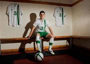 27 February 2012; Three, proud sponsors of the Republic of Ireland football team, today launches the new Umbro Republic of Ireland away jersey. Pictured wearing the new kit is Republic of Ireland player Shane Long. The Three sponsored jersey is available now and will be worn for the first time on the pitch for the Republic of Ireland’s Euro 2012 warm up friendly match against the Czech Republic on Wednesday 29th February. To celebrate the launch, Three is giving away 8 pairs of tickets to the match, just go to www.facebook.com/3Football for more details, terms and conditions and apply. Gannon Park, Malahide, Co. Dublin. Picture credit: Pat Murphy / SPORTSFILE