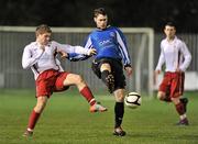 27 February 2012; Jordan Nolan, IT Blanchardstown, in action against Craig Shortt, IT Carlow 'B'. Umbro CUFL Division One Final, IT Carlow 'B' v IT Blanchardstown, Leah Victoria Park, Tullamore, Co. Offaly. Picture credit: Barry Cregg / SPORTSFILE