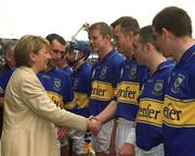 30 June 2002; President Mary McAleese is introduced to Tipperary's Brian O'Meara by team captain Thomas Dunne. Waterford v Tipperary, Guinness Munster Hurling Final, Pairc Ui Chaoimh, Cork. Picture credit; Ray McManus / SPORTSFILE