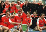 8 July 2002; The Armagh team celebrate with the Anglo Celt Cup after victory over Donegal. Armagh v Donegal, Ulster Football Final, St Tighearnachs Park, Clones, Co. Monaghan. Picture credit; Damien Eagers / SPORTSFILE