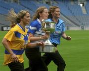 9 July 2002; Pictured at the announcement of the continued sponsorship of the Ladies Football Championship by TG4 from l-r, Noelle Comyn, Clare, Anna Connolly, Laois and Martina Farrell Dublin. Croke Park, Dublin. Picture credit; Aoife Rice / SPORTSFILE *EDI*