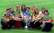 9 July 2002; Pictured at the announcement of the continued sponsorship of the Ladies Football Championship by TG4  Inter county players from l-r; Mary Beades, Roscommon, Anna Connolly, Laois, Grainne Ni Laoithe, Kerry, Martina Farrell, Dublin, Niamh Kindlon, Monaghan, Elaine Duffy, Meath, Noelle Comyn, CLare, Michaela Doherty, Trone and Christina Heffernan, Mayo. Croke Park, Dublin. Picture credit; Ray McManus / SPORTSFILE