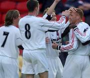 13 July 2002; Glen Crowe, Bohemians, second from right, is congratulated by his team-mates, Bobby Ryan, Fergal Harkin, Kevin Hunt and Mark Rutherford, after scoring his sides opening goal. Longford Town v Bohemians, eircom League Premier Division, Flancare Park, Longford. Soccer. Picture credit; David Maher / SPORTSFILE *EDI*