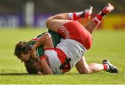 1 July 2017; Emmett McGuckin of Derry and Diarmuid O'Connor of Mayo tussle during the GAA Football All-Ireland Senior Championship Round 2A match between Mayo and Derry at Elverys MacHale Park, in Castlebar, Co Mayo. Photo by David Maher/Sportsfile