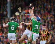 1 July 2017; T J Reid of Kilkenny in action against Declan Hannon, 6, and Richie McCarthy of Limerick during the GAA Hurling All-Ireland Senior Championship Round 1 match between Kilkenny and Limerick at Nowlan Park in Kilkenny. Photo by Ray McManus/Sportsfile