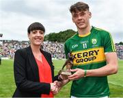 2 July 2017; Nicola O’Leary, Senior Sponsorship, PR and Marketing Specialist at Electric Ireland, proud sponsor of the Electric Ireland GAA All-Ireland Minor Championships, presents David Clifford of Kerry with the Player of the Match award for his outstanding performance in the Electric Ireland Munster Minor Football Championship Final. Throughout the Championships fans can follow the conversation, support the Minors and be a part of something major through the hashtag #GAAThisIsMajor.  Photo by Brendan Moran/Sportsfile