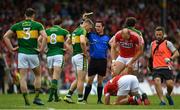 2 July 2017; Peter Crowley of Kerry is shown a yellow card by Referee Paddy Neilan during the Munster GAA Football Senior Championship Final match between Kerry and Cork at Fitzgerald Stadium in Killarney, Co Kerry. Photo by Brendan Moran/Sportsfile