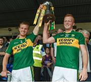 2 July 2017; Joint captains Fionn Fitzgerald, left and Johnny Buckley of Kerry lifting the cup after the Munster GAA Football Senior Championship Final match between Kerry and Cork at Fitzgerald Stadium in Killarney, Co Kerry. Photo by Eóin Noonan/Sportsfile