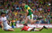 2 July 2017; Paul Geaney of Kerry scores his side's only goal despite the best efforts of Cork goalkeeper Ken O'Halloran and Kevin Crowley during the Munster GAA Football Senior Championship Final match between Kerry and Cork at Fitzgerald Stadium in Killarney, Co Kerry. Photo by Brendan Moran/Sportsfile