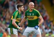 2 July 2017; Paul Geaney, left, of Kerry celebrates with team-mate Kieran Donaghy after scoring their side's only goal during the Munster GAA Football Senior Championship Final match between Kerry and Cork at Fitzgerald Stadium in Killarney, Co Kerry. Photo by Brendan Moran/Sportsfile