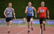 2 July 2017; Athletes from left, Ronan Gately of Dundrum South Dublin A.C., Paschall Halley of Waterford A.C. and Shane Smith of St Annes A.C., competing in the Mens 200m at the Irish Life Health National Master Track & Field Championship 2017 at Tullamore Harriers Stadium in Tullamore, Co Offaly. Photo by Sam Barnes/Sportsfile