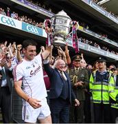 2 July 2017; The President of ireland Michael D Higgins and the Galway captain David Burke celebrate with the Bob O'Keeffe Cup after the Leinster GAA Hurling Senior Championship Final match between Galway and Wexford at Croke Park in Dublin. Photo by Ray McManus/Sportsfile