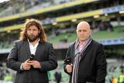 25 February 2012; Former Ireland captain Keith Wood with Italian prop forward Martin Castrogiovanni, left, on analysis duty for BBC television. RBS Six Nations Rugby Championship, Ireland v Italy, Aviva Stadium, Lansdowne Road, Dublin. Picture credit: Brendan Moran / SPORTSFILE