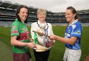 28 February 2012; In attendance at the All-Ireland Camogie Club Finals Captains Day at Croke Park are Joan O'Flynn, President of The Camogie Association alongside Aileen Moore, left, Eoghan Rua, Derry, and Aoife Lynskey, Ardrahan, Galway. Oulart the Ballagh face Drom/Inch in the All Ireland Senior Final at 3.00pm while Eoghan Rua play Ardrahan at 1.00pm in the Intermediate decider on Sunday, March 4th. Croke Park, Dublin. Photo by Sportsfile