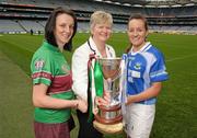 28 February 2012; In attendance at the All-Ireland Camogie Club Finals Captains Day at Croke Park are Joan O'Flynn, President of The Camogie Association alongside Aileen Moore, left, Eoghan Rua, Derry, and Aoife Lynskey, Ardrahan, Galway. Oulart the Ballagh face Drom/Inch in the All Ireland Senior Final at 3.00pm while Eoghan Rua play Ardrahan at 1.00pm in the Intermediate decider on Sunday, March 4th. Croke Park, Dublin. Photo by Sportsfile