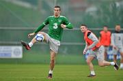 28 February 2012; Republic of Ireland's Shane Duffy in action against Robbie Keane during squad training ahead of their side's International Friendly against the Czech Republic on Wednesday. Republic of Ireland Squad Training, Gannon Park, Malahide, Co. Dublin. Picture credit: David Maher / SPORTSFILE