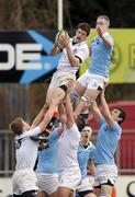 28 February 2012; David Doyle, Presentation College, Bray, wins possession of the lineout from Donogh Lawlor, St Michael's College. Powerade Leinster Schools Senior Cup, 2nd Round, St Michael's College v Presentation College, Donnybrook Stadium, Donnybrook, Dublin. Photo by Sportsfile