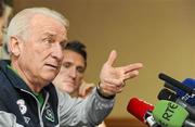 28 February 2012; Republic of Ireland manager Giovanni Trapattoni and team captain Robbie Keane during a press conference ahead of their side's International Friendly against the Czech Republic on Wednesday. Republic of Ireland Press Conference, Grand Hotel, Malahide, Co. Dublin. Picture credit: Brendan Moran / SPORTSFILE
