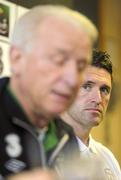 28 February 2012; Republic of Ireland team captain Robbie Keane watches manager Giovanni Trapattoni during a press conference ahead of their side's International Friendly against the Czech Republic on Wednesday. Republic of Ireland Press Conference, Grand Hotel, Malahide, Co. Dublin. Picture credit: Brendan Moran / SPORTSFILE