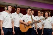 28 February 2012; Members of the Republic of Ireland squad including, left to right, Robbie Keane, Stephen Kelly,  Shane Long, Damien Duff, Keith Andrews and Stephen Hunt, add their vocals to the Ray D'Arcy shows' recently recorded 'Rocky Road to Poland', the Official Euro 2012 Song for the Republic of Ireland soccer squad. Portmarnock Hotel and Golf Links, Portmarnock, Co. Dublin. Picture credit: David Maher / SPORTSFILE