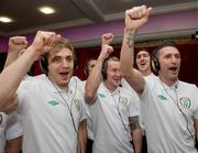 28 February 2012; Members of the Republic of Ireland squad, from left, Kevin Doyle, Aiden McGeady and Robbie Keane add their vocals to the Ray D'Arcy shows' recently recorded 'Rocky Road to Poland', the Official Euro 2012 Song for the Republic of Ireland soccer squad. Portmarnock Hotel and Golf Links, Portmarnock, Co. Dublin. Picture credit: David Maher / SPORTSFILE