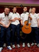 28 February 2012; Members of the Republic of Ireland squad, from left to right, Robbie Keane, Stephen Kelly, Shane Long and Damien Duff add their vocals to the Ray D'Arcy shows' recently recorded 'Rocky Road to Poland', the Official Euro 2012 Song for the Republic of Ireland soccer squad. Portmarnock Hotel and Golf Links, Portmarnock, Co. Dublin. Picture credit: David Maher / SPORTSFILE