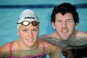 29 February 2012; International Rugby Player and Swim Ireland Ambassador Shane Horgan, right, pool side with Grainne Murphy in preparation for the “Carlton Irish Long Course Championships and Irish Olympic Trials” which take place this week at the National Aquatic Centre. National Aquatic Centre, Dublin. Picture credit: Brian Lawless / SPORTSFILE