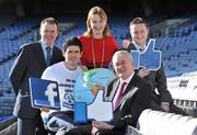 29 February 2012; The GAA has launched it's official page on Facebook in the presence of Uachtarán Chumann Lúthchleas Gael, Criostóir Ó Cuana and 2011 All-Ireland winning Dublin footballer, Cian O’Sullivan. The GAA is asking all members and supporters to answer a global GAA call and ‘like’ OfficialGAA on Facebook to unlock access to exclusive news, updates, competitions, and more throughout the year. As part of the launch, and to demonstrate the GAA’s commitment to the whole area of social media, Dublin football defender Cian O’Sullivan held a live Twitter chat through @officialgaa. Check out #GAAQandA for all the questions and answers. Keeping up to date with what’s happening in the GAA world through social and digital media has never been easier. With nearly 17,000 followers on Twitter @officialgaa brings the latest news, match updates and results direct to its followers. In attendance at the launch of the GAA Facebook Page are, from left, Alan Milton, Communications Manager of the GAA, Dublin footballer Cian O'Sullivan, Lisa Clancy, Director of Communications of the GAA, Uachtarán CLG Criostóir Ó Cuana and Gary Finn, Communications Executive, GAA. Croke Park, Dublin. Picture credit: Brendan Moran / SPORTSFILE