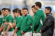 25 February 2012; Ireland's Ronan O'Gara stands alongside his team-mates in the line-up before the game. RBS Six Nations Rugby Championship, Ireland v Italy, Aviva Stadium, Lansdowne Road, Dublin. Picture credit: Brendan Moran / SPORTSFILE