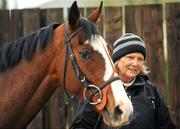 29 February 2012; Trainer Jessica Harrington with Citizenship, who will run in the County Hurdle and Martin Pipe Conditional Hurdle, during a yard visit ahead of the Cheltenham Festival, Commonstown Stables, Moone, Co. Kildare. Picture credit: Pat Murphy / SPORTSFILE