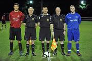 28 February 2012; Referee Tony McGuinness, centre, with his officials Dave Fisher, left, and Matt Burke, right, and team captains Neil Harney, IT Carlow, and James Scallan, Athlone IT, before the game. Umbro CUFL Premier Division Final, IT Carlow v Athlone IT, Frank Cooke Park, Glasnevin, Dublin. Picture credit: Barry Cregg / SPORTSFILE