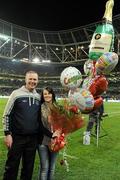 29 February 2012; Brave Martina Connolly, from Islandbridge, Dublin 8, brought the Leap Year legend to life, by proposing to her man during half-time at the Republic of Ireland v Czech Republic match in the Aviva Stadium last night. In the name of love, Presenters Claire Solan and Aidan Power from 98FM’s Morning Crew, acted as conspirators in Martina’s plans to ‘put a ring on it’ with her sweetheart Derek McGill. The shock proposal ended up on the Aviva Stadium’s big screen with Derek saying YES! Martina has been with Derek since 1990 and the couple have two children together and always talked about ‘one day’ getting married. Martina and her new groom shared a passionate and emotional kiss in front of a teary crowd. It was a magical evening for everyone and after the proposal,  Martina and her hubby to be headed up to the FAI VIP suite to enjoy the rest of the game over a glass of champagne. International Friendly, Republic of Ireland v Czech Republic, Aviva Stadium, Lansdowne Road, Dublin. Picture credit: Brendan Moran / SPORTSFILE