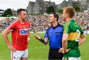 2 July 2017; Referee Paddy Neilan performs the coin toss in the company of team captains Paul Kerrigan, left, of Cork and Fionn Fitzgerald of Kerry before the Munster GAA Football Senior Championship Final match between Kerry and Cork at Fitzgerald Stadium in Killarney, Co Kerry. Photo by Brendan Moran/Sportsfile