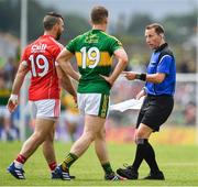 2 July 2017; Linesman Derek O'Mahoney speaks to Colm O'Driscoll of Cork and Stephen O'Brien of Kerry during the Munster GAA Football Senior Championship Final match between Kerry and Cork at Fitzgerald Stadium in Killarney, Co Kerry. Photo by Brendan Moran/Sportsfile