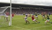 2 July 2017; James O'Donoghue of Kerry has his shot on goal blocked by Cork goalkeeper Ken O'Halloran and James Loughrey during the Munster GAA Football Senior Championship Final match between Kerry and Cork at Fitzgerald Stadium in Killarney, Co Kerry. Photo by Brendan Moran/Sportsfile