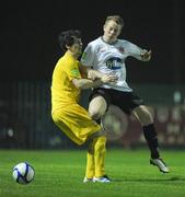 2 March 2012; Conor McMahon, Monaghan United, in action against Michael Rafter, Dundalk. Airtricity League Premier Division, Monaghan United v Dundalk, Gortakeegan, Co. Monaghan. Picture credit: Philip Fitzpatrick / SPORTSFILE
